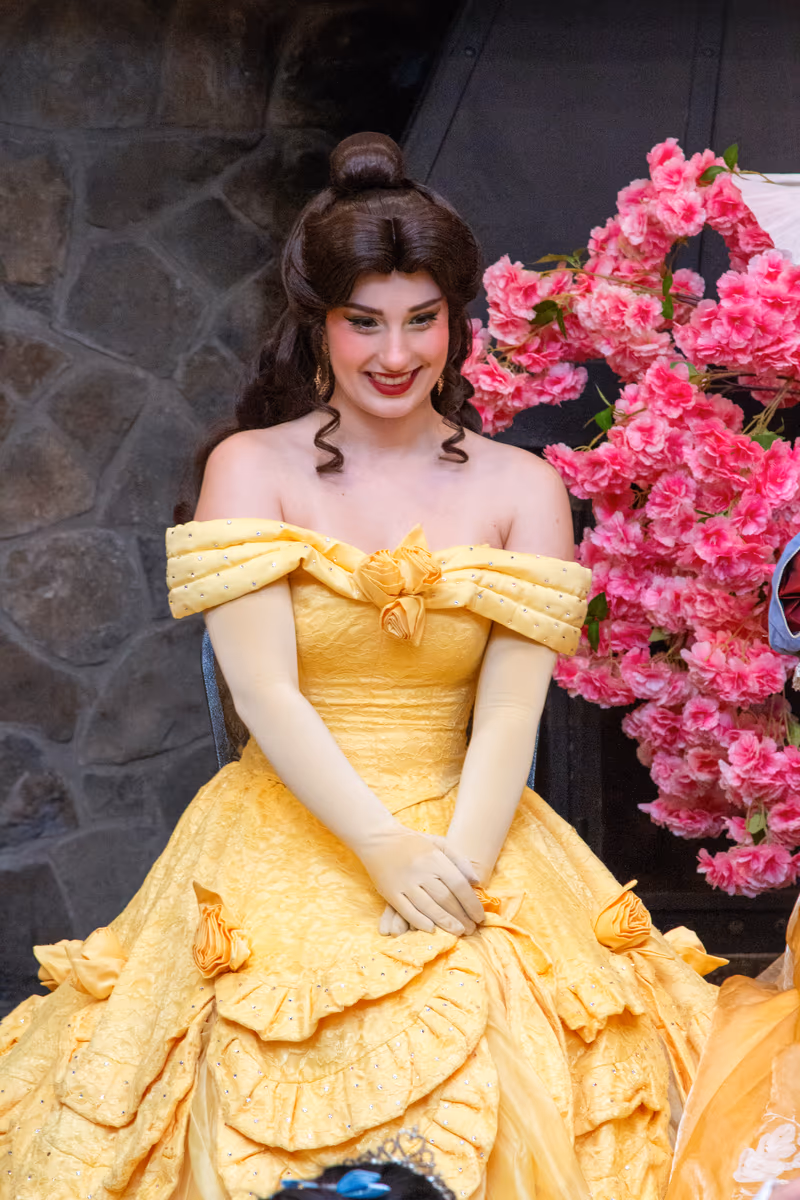 Belle character entertainer by pink blossoms | Magic At My Door