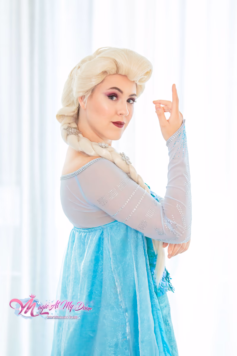 Elsa performer in her ice-blue gown | Magic At My Door