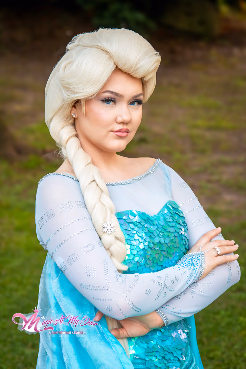 Elsa princess character posing outdoors | Magic At My Door