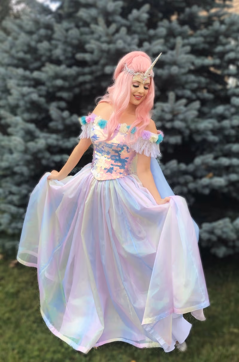 Rose Rainbow Unicorn Princess twirling her rainbow gown | Magic At My Door