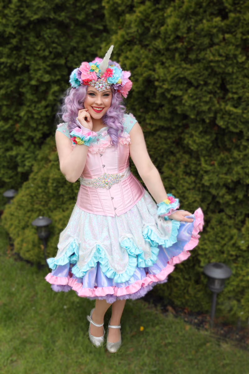 Violet Rainbow Unicorn Princess in a ruffled gown | Magic At My Door